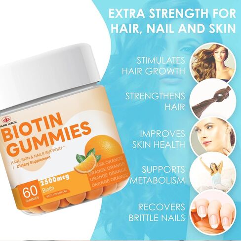 YILING Hair Gummies Vitamins Extra Strength Biotin 2500mcg, Vitamins C, E for Women & Men - Vegan Gummies Hair, Skin & Nails Biotin Supplement, Sweet Orange Flavor -60 Count in Saudi Arabia