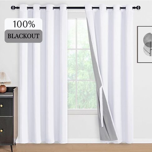DWCN 100% White Blackout Curtains Short, Double Layer Heat and Full Light Blocking Noise Reducing Grommet Window Curtain Drapes with Black Liner for Kitchen 38 x 54 Inch (2 Panels) in Saudi Arabia