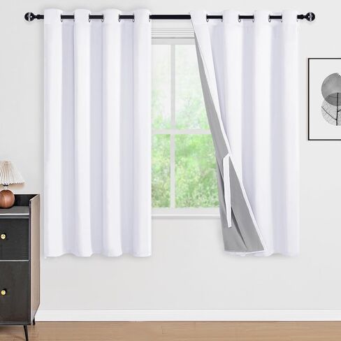 DWCN 100% White Blackout Curtains Short, Double Layer Heat and Full Light Blocking Noise Reducing Grommet Window Curtain Drapes with Black Liner for Kitchen 38 x 54 Inch (2 Panels) in Saudi Arabia