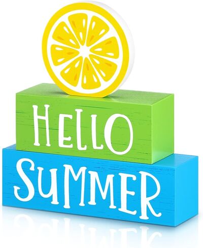 3 Pieces Summer Wooden Block Decor for Home Summer Decor Lemon Wooden Tiered Tray Block Decor Hello Summer Sign Rustic Summer Decor for Living Mantle Kitchen Table Party Decoration in Saudi Arabia
