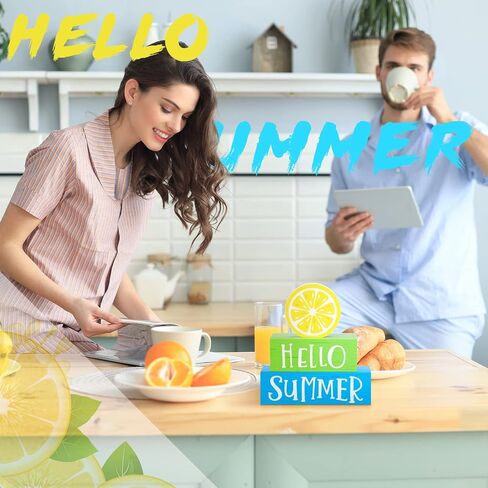 3 Pieces Summer Wooden Block Decor for Home Summer Decor Lemon Wooden Tiered Tray Block Decor Hello Summer Sign Rustic Summer Decor for Living Mantle Kitchen Table Party Decoration in Saudi Arabia