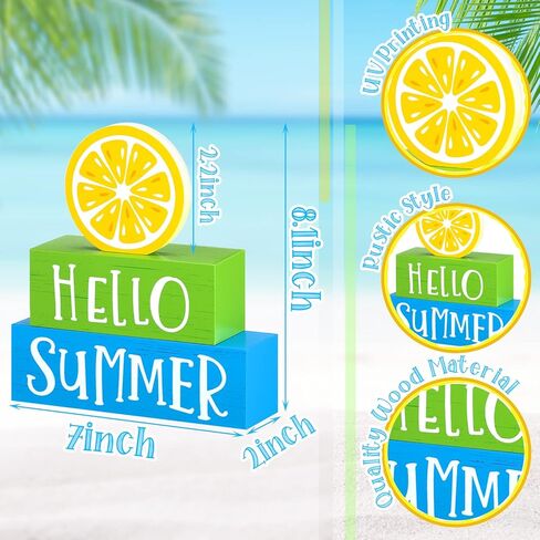 3 Pieces Summer Wooden Block Decor for Home Summer Decor Lemon Wooden Tiered Tray Block Decor Hello Summer Sign Rustic Summer Decor for Living Mantle Kitchen Table Party Decoration in Saudi Arabia