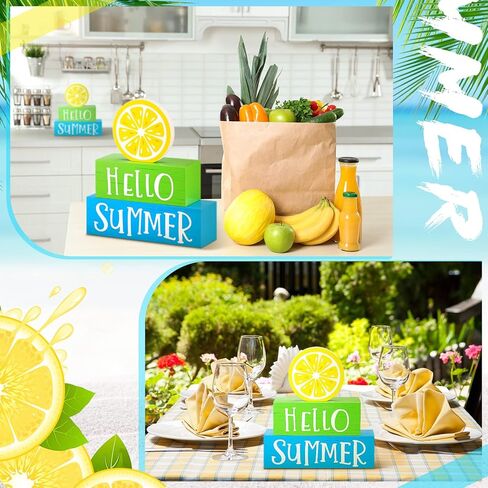 3 Pieces Summer Wooden Block Decor for Home Summer Decor Lemon Wooden Tiered Tray Block Decor Hello Summer Sign Rustic Summer Decor for Living Mantle Kitchen Table Party Decoration in Saudi Arabia