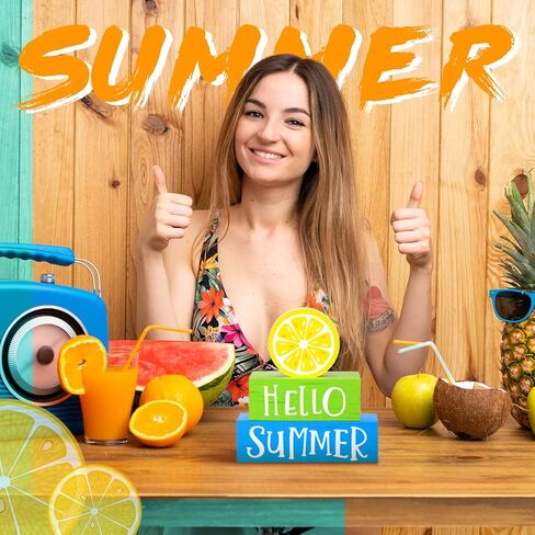 3 Pieces Summer Wooden Block Decor for Home Summer Decor Lemon Wooden Tiered Tray Block Decor Hello Summer Sign Rustic Summer Decor for Living Mantle Kitchen Table Party Decoration in Saudi Arabia