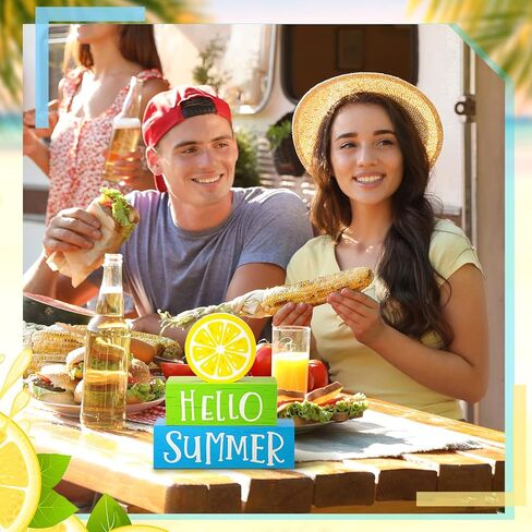 3 Pieces Summer Wooden Block Decor for Home Summer Decor Lemon Wooden Tiered Tray Block Decor Hello Summer Sign Rustic Summer Decor for Living Mantle Kitchen Table Party Decoration in Saudi Arabia