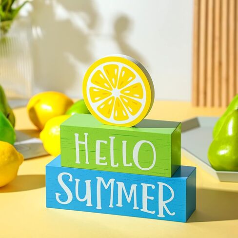 3 Pieces Summer Wooden Block Decor for Home Summer Decor Lemon Wooden Tiered Tray Block Decor Hello Summer Sign Rustic Summer Decor for Living Mantle Kitchen Table Party Decoration in Saudi Arabia