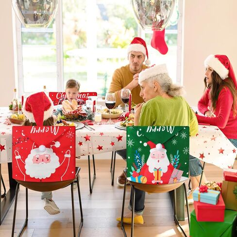 Weldomcor عيد الميلاد كرسي يغطي مجموعة من 4 زينة عيد الميلاد كرسي حامي الأغلفة سانتا قبعة ندفة الثلج هدية عيد ميلاد سعيد الطعام كرسي الظهر يغطي لقضاء عطلة مهرجان حزب المطبخ ديكور المنزل in Kuwait