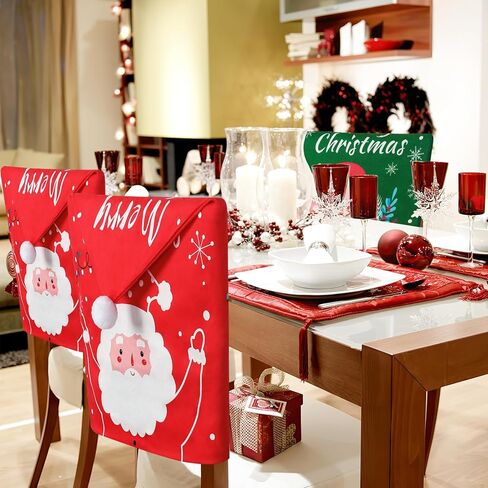 Weldomcor عيد الميلاد كرسي يغطي مجموعة من 4 زينة عيد الميلاد كرسي حامي الأغلفة سانتا قبعة ندفة الثلج هدية عيد ميلاد سعيد الطعام كرسي الظهر يغطي لقضاء عطلة مهرجان حزب المطبخ ديكور المنزل in Kuwait