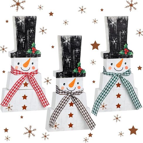 Spiareal 3 Pcs Snowman Christmas Decoration Snowman Tabletop Figurine Wooden Rustic Desktop Centerpieces Snowman Tiered Tray Decor for Xmas Party in Saudi Arabia
