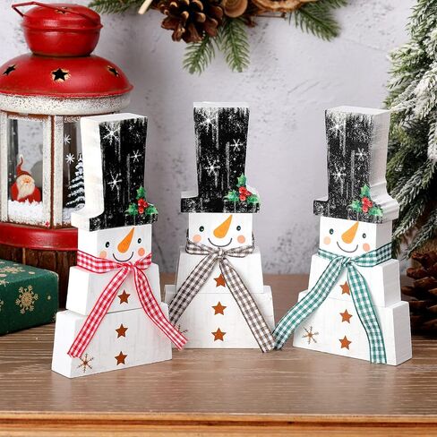 Spiareal 3 Pcs Snowman Christmas Decoration Snowman Tabletop Figurine Wooden Rustic Desktop Centerpieces Snowman Tiered Tray Decor for Xmas Party in Saudi Arabia