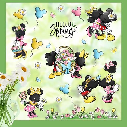 112 قطعة من Yovkky 112 قطعة من ملصقات نافذة الفأر الكرتونية Hello Spring 9 ورقات، ملصقات سلة بالون زهرة التوليب ديزي ديكور، فراشة زهرية موسمية لتزيين المطبخ المنزلي in Kuwait