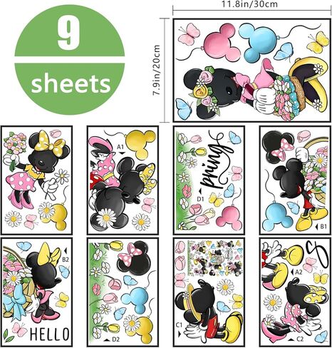 112 قطعة من Yovkky 112 قطعة من ملصقات نافذة الفأر الكرتونية Hello Spring 9 ورقات، ملصقات سلة بالون زهرة التوليب ديزي ديكور، فراشة زهرية موسمية لتزيين المطبخ المنزلي in Kuwait