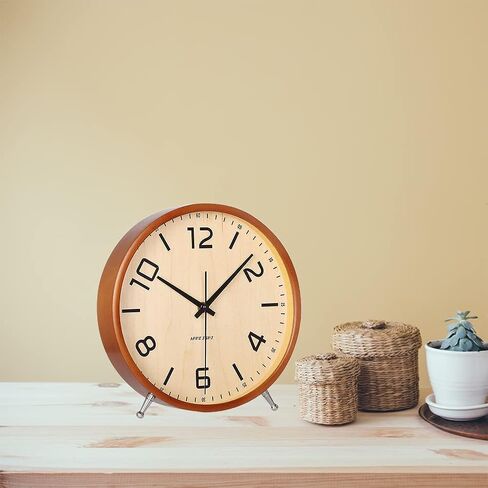 KAMEISHI 8'' Wood Desk Clock Battery Operated for Living Room Decor Non Ticking Silent Wall Clocks Sweep Second Round Quartz Quiet Easy to Read Table Clock Brown KSZ822 in Saudi Arabia