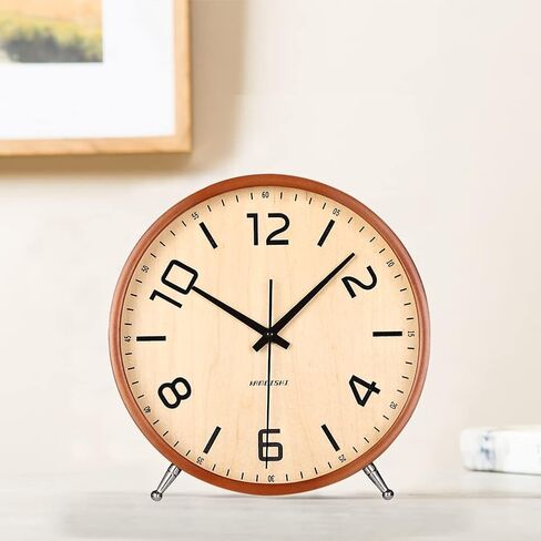 KAMEISHI 8'' Wood Desk Clock Battery Operated for Living Room Decor Non Ticking Silent Wall Clocks Sweep Second Round Quartz Quiet Easy to Read Table Clock Brown KSZ822 in Saudi Arabia