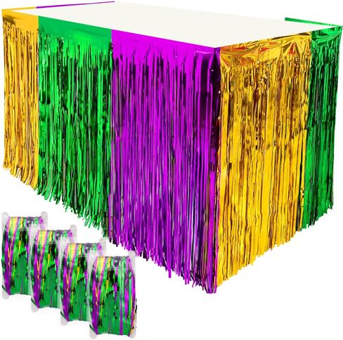 2Pack Mardi Gras Fringe Table Skirt, 2.5 x 9 ft Mardi Gras Decorations, Green Purple Gold Metallic Tinsel Foil Fringe Curtains for Mardi Gras Table Photo Background Party Supplies in Kuwait