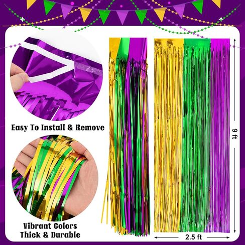 2Pack Mardi Gras Fringe Table Skirt, 2.5 x 9 ft Mardi Gras Decorations, Green Purple Gold Metallic Tinsel Foil Fringe Curtains for Mardi Gras Table Photo Background Party Supplies in Kuwait