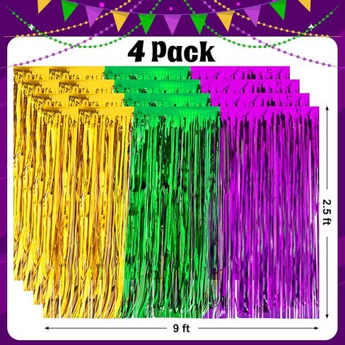 2Pack Mardi Gras Fringe Table Skirt, 2.5 x 9 ft Mardi Gras Decorations, Green Purple Gold Metallic Tinsel Foil Fringe Curtains for Mardi Gras Table Photo Background Party Supplies in Kuwait