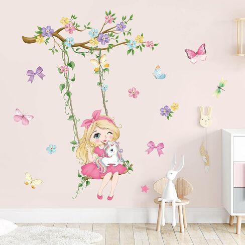 wondever Girl on Swing Wall Stickers Butterfly Flower Branch Peel and Stick Wall Art Decals for Baby Nursery Kids Girls Bedroom in Saudi Arabia