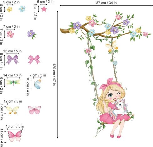 wondever Girl on Swing Wall Stickers Butterfly Flower Branch Peel and Stick Wall Art Decals for Baby Nursery Kids Girls Bedroom in Saudi Arabia