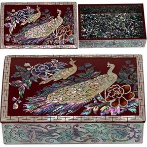 منظم صندوق طاووس جبل فبراير لبطاقات العمل أو المجوهرات أو المفاتيح - صندوق خشبي صغير مزخرف مرصع بصدفة البحر اللؤلؤية - هدايا فريدة للنساء والرجال in Kuwait