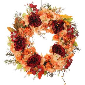 Fall Wreaths for Front Door Artificial Hydrangea Wreath Door Wreaths for Front Door DoorWreath for Rustic Farmhouse Thanksgiving Autumn Front Door Decor (Orange & Red)