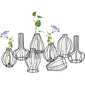 Sziqiqi Metal Wire Glass Vase - Mini Propagation Station with Black Frame Set of 4 Minimalist Outline Flower Vases for Hydroponic Plants Modern Geometric Vase for Table Living Room Bedroom