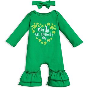 GRNSHTS My 1st St. Patricks Day رومبير طفلة كشكش بذلة شامروك طباعة كم طويل ملابس المنزل القادمة + عقال in Kuwait