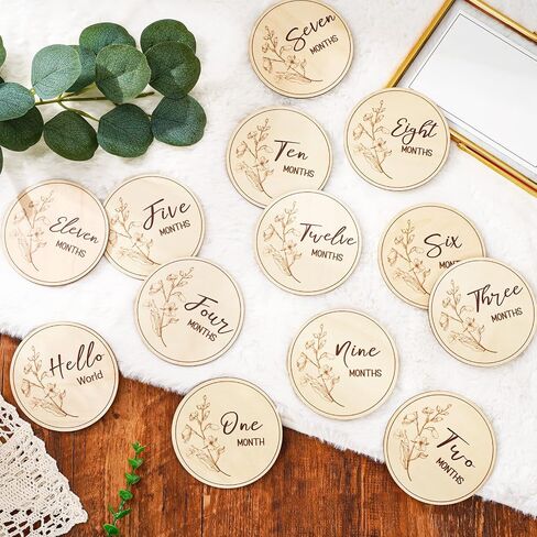 Whaline 13Pcs Wildflower Baby Monthly Milestone Cards Wooden Disc Newborn Photography Props Baby's First Year Age Announcement Sign in Saudi Arabia