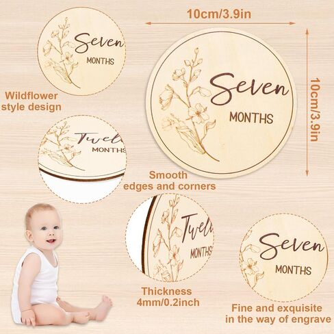 Whaline 13Pcs Wildflower Baby Monthly Milestone Cards Wooden Disc Newborn Photography Props Baby's First Year Age Announcement Sign in Saudi Arabia