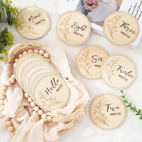 Whaline 13Pcs Wildflower Baby Monthly Milestone Cards Wooden Disc Newborn Photography Props Baby's First Year Age Announcement Sign in Saudi Arabia