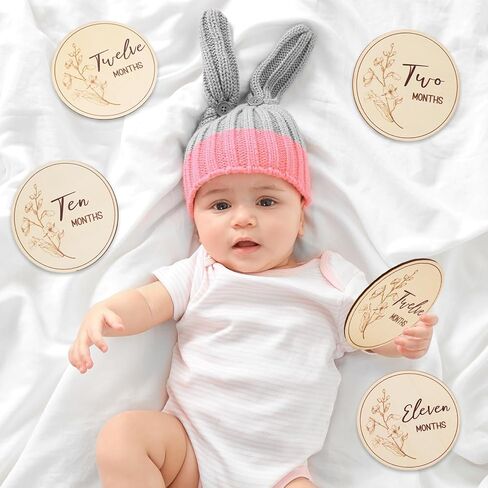 Whaline 13Pcs Wildflower Baby Monthly Milestone Cards Wooden Disc Newborn Photography Props Baby's First Year Age Announcement Sign in Saudi Arabia