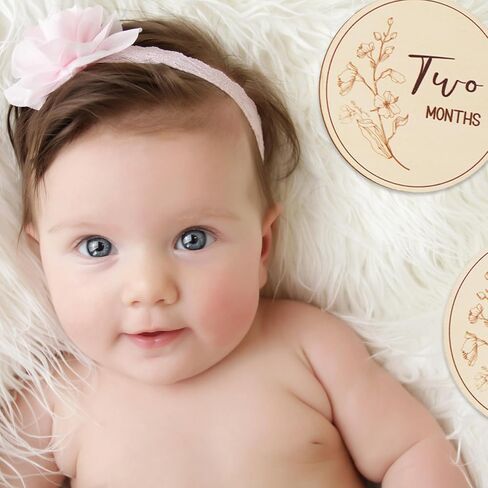 Whaline 13Pcs Wildflower Baby Monthly Milestone Cards Wooden Disc Newborn Photography Props Baby's First Year Age Announcement Sign in Saudi Arabia