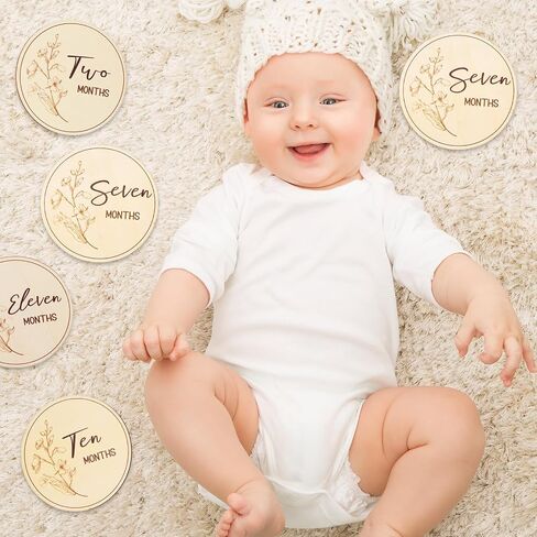 Whaline 13Pcs Wildflower Baby Monthly Milestone Cards Wooden Disc Newborn Photography Props Baby's First Year Age Announcement Sign in Saudi Arabia