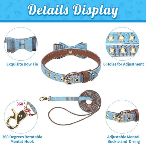 BINGPET Bow Tie Dog Collar and Leash Set,Cute Adjustable Classic Plaid Dog Bandana Collar with Bell, Fit for Small Dogs, Puppies and Cats Outdoor Walking in Saudi Arabia