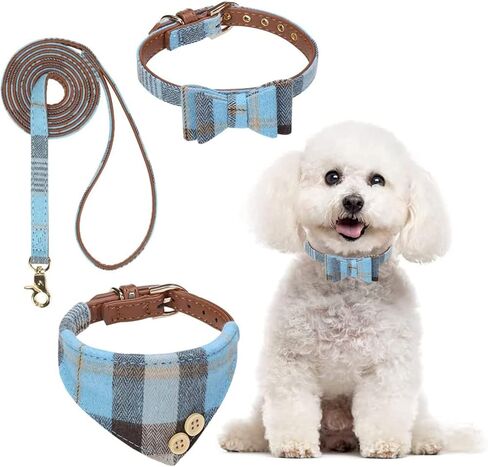 BINGPET Bow Tie Dog Collar and Leash Set,Cute Adjustable Classic Plaid Dog Bandana Collar with Bell, Fit for Small Dogs, Puppies and Cats Outdoor Walking in Saudi Arabia