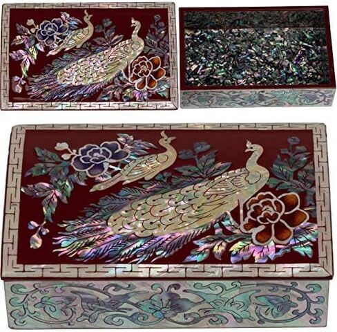 منظم صندوق طاووس جبل فبراير لبطاقات العمل أو المجوهرات أو المفاتيح - صندوق خشبي صغير مزخرف مرصع بصدفة البحر اللؤلؤية - هدايا فريدة للنساء والرجال in Kuwait