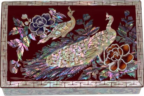 منظم صندوق طاووس جبل فبراير لبطاقات العمل أو المجوهرات أو المفاتيح - صندوق خشبي صغير مزخرف مرصع بصدفة البحر اللؤلؤية - هدايا فريدة للنساء والرجال in Kuwait