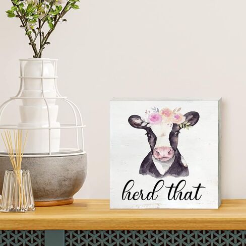 علامة صندوق خشبي من Herd That Cow مع مقولة ديكور مكتبي مقاس 5 × 5 بوصات صندوق حمام المزرعة علامة كتلة لوحة خشبية ديكور مكتب منزلي ريفي in Kuwait