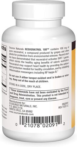 Source Naturals ريسفيراترول 100، للقلب والشيخوخة الصحية* 100 ملغ - 60 كبسولة نباتية in Saudi Arabia