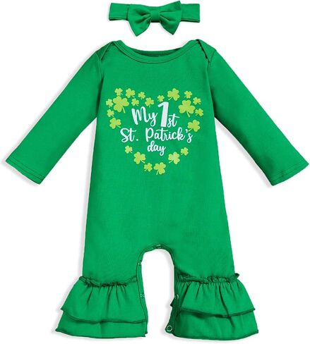 GRNSHTS My 1st St. Patricks Day رومبير طفلة كشكش بذلة شامروك طباعة كم طويل ملابس المنزل القادمة + عقال in Kuwait
