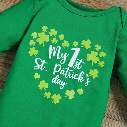GRNSHTS My 1st St. Patricks Day رومبير طفلة كشكش بذلة شامروك طباعة كم طويل ملابس المنزل القادمة + عقال in Kuwait