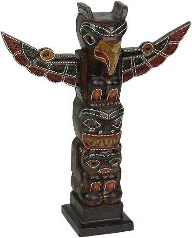 Things2Die4 Handcrafted Wooden Eagle Totem Statue: Intricately Carved with Tribal Designs and Dot-Painted Accents, 12 Inches High, Symbolizing Independence and Strength in Saudi Arabia