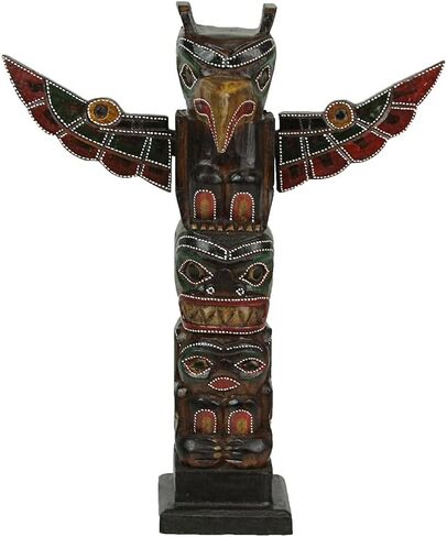 Things2Die4 Handcrafted Wooden Eagle Totem Statue: Intricately Carved with Tribal Designs and Dot-Painted Accents, 12 Inches High, Symbolizing Independence and Strength in Saudi Arabia