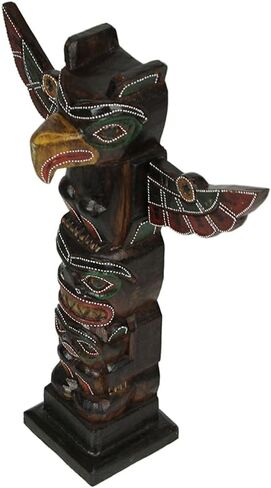 Things2Die4 Handcrafted Wooden Eagle Totem Statue: Intricately Carved with Tribal Designs and Dot-Painted Accents, 12 Inches High, Symbolizing Independence and Strength in Saudi Arabia