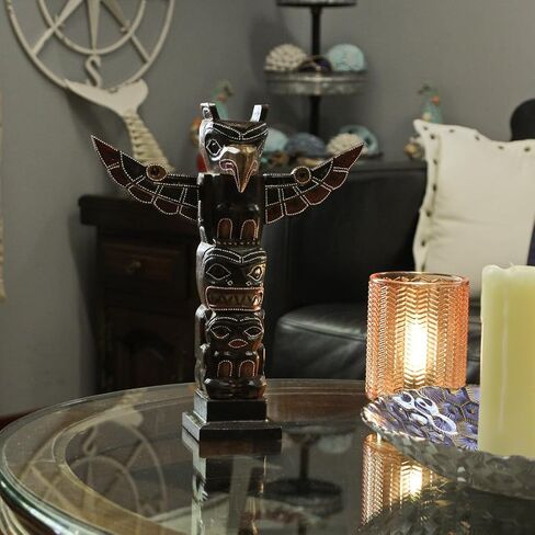 Things2Die4 Handcrafted Wooden Eagle Totem Statue: Intricately Carved with Tribal Designs and Dot-Painted Accents, 12 Inches High, Symbolizing Independence and Strength in Saudi Arabia