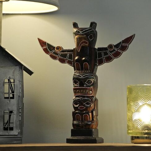 Things2Die4 Handcrafted Wooden Eagle Totem Statue: Intricately Carved with Tribal Designs and Dot-Painted Accents, 12 Inches High, Symbolizing Independence and Strength in Saudi Arabia
