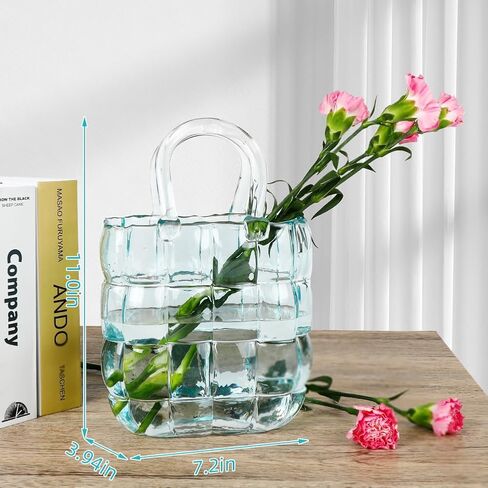 Handmade Glass Purse Vase for Flowers: Blue Handbag Unique Flower Vase Decorative - Wide Mouth Lattice Vase for Home Wedding Decor in Kuwait