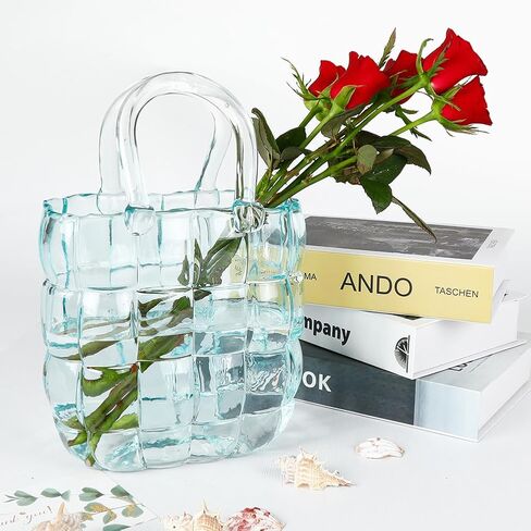 Handmade Glass Purse Vase for Flowers: Blue Handbag Unique Flower Vase Decorative - Wide Mouth Lattice Vase for Home Wedding Decor in Kuwait