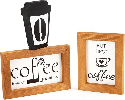 يانج باغا لافتات ديكور طاولة القهوة من 3 قطع، لافتات خشبية صغيرة لتزيين طاولة القهوة والمقهى ومحطة البار، لافتة باطار خشبي عتيق للمطبخ لتزيين صينية الطبقات in Kuwait