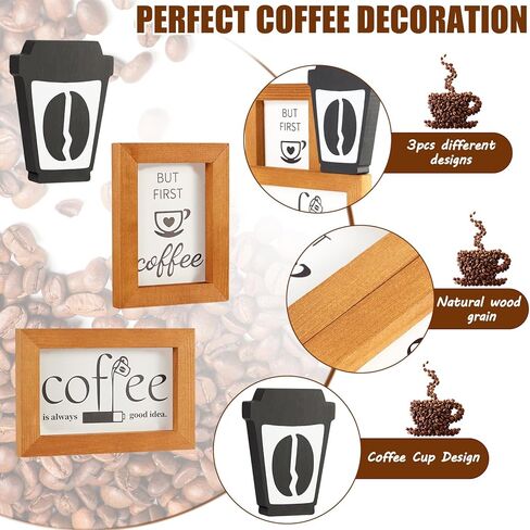 يانج باغا لافتات ديكور طاولة القهوة من 3 قطع، لافتات خشبية صغيرة لتزيين طاولة القهوة والمقهى ومحطة البار، لافتة باطار خشبي عتيق للمطبخ لتزيين صينية الطبقات in Kuwait
